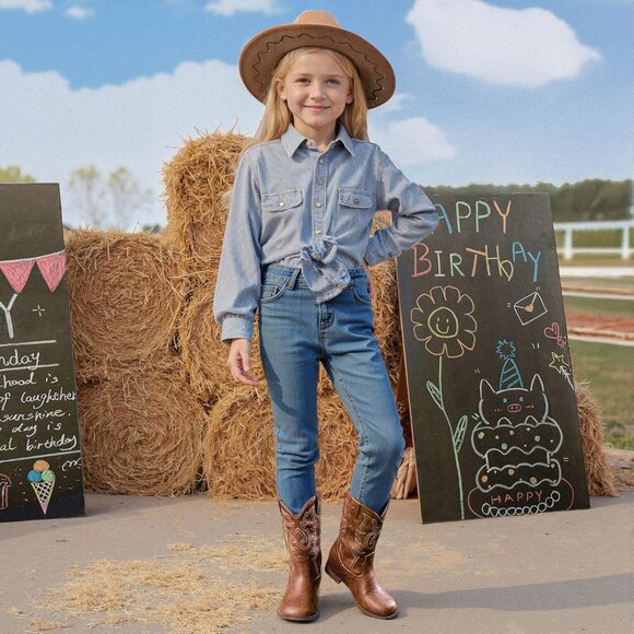 Kids Brown Boots Glitter Toddler Little Big Mid Calf Western Boots Riding Shoes - Picture 3 of 8